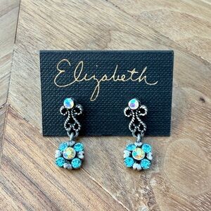 Y2K Elizabeth Silver Tone Floral Rhinestone Dangle Earrings Blue AB NOS